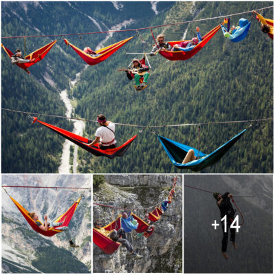 Highliners sleep in hammocks suspended over Italian Alps