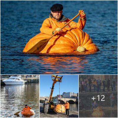 Embarking on a Grand Gourd Expedition: Navigating the Waters on a 1,364 lbs Pumpkin Boat!
